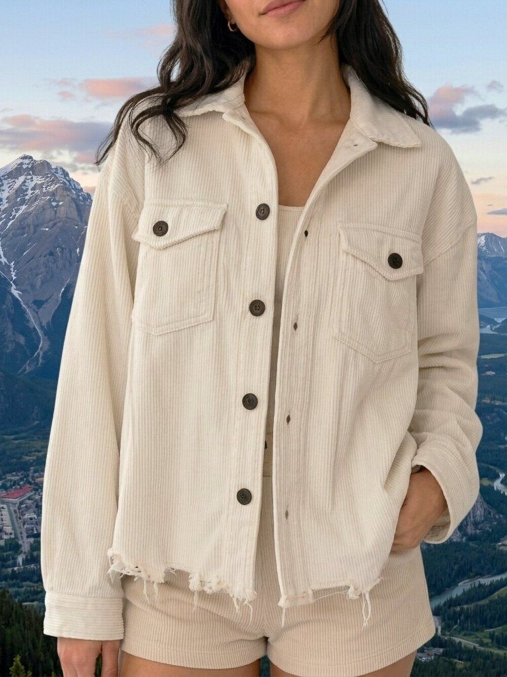POL Cream Tan Distressed Corduroy Jacket Size L/XL